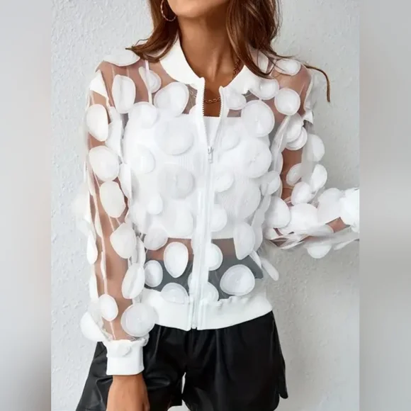 3D Appliqué Sheer Jacket in White Size L/XXL - Picture 1 of 16